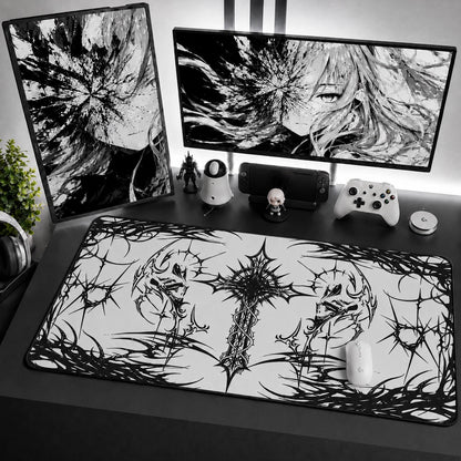 Black and White Gothic Cross Desk Mat with Spider Web Design for Gaming Setup