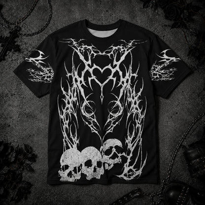 Black gothic oversized t-shirt featuring tribal heart artwork, distressed skull graphics and dark alternative aesthetic.