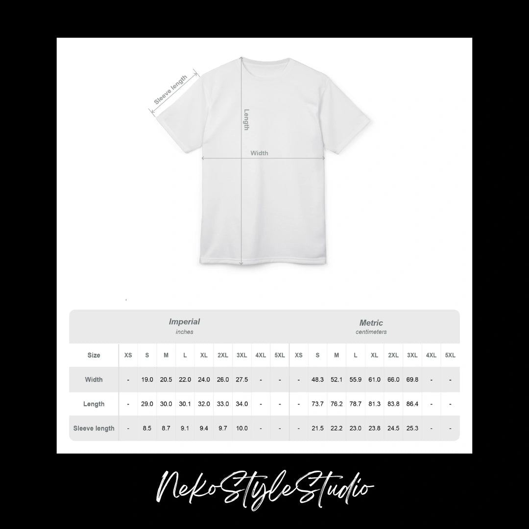 Oversized gothic t-shirt size chart with width, length and sleeve measurements for unisex alternative streetwear.
