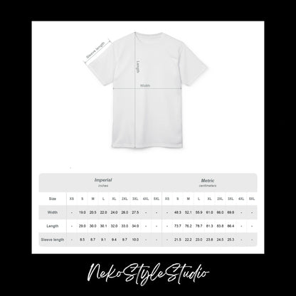 Oversized gothic t-shirt size chart with width, length and sleeve measurements for unisex alternative streetwear.