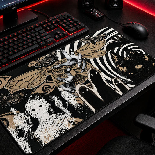 Gothic collage gaming mousepad featuring black cats, moths, ghost figures, skeletal hands and occult-inspired artwork in black, ivory and sepia tones, oversized desk mat for alternative, dark academia and gothic gaming setups.