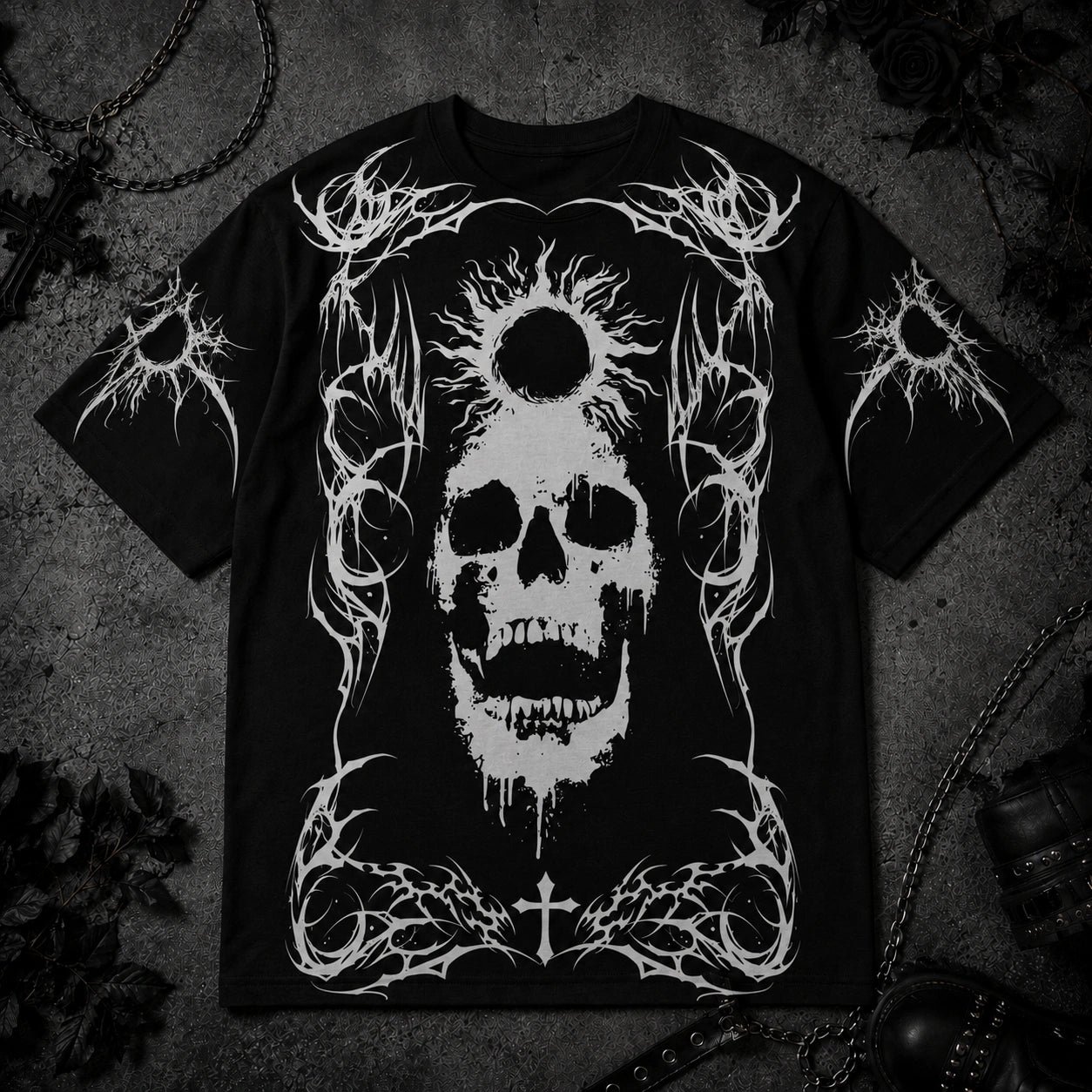 Black oversized gothic t-shirt with large white skull graphic, eclipse artwork and dark alternative fashion flat lay product photo.