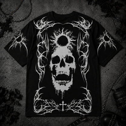 Black oversized gothic t-shirt with large white skull graphic, eclipse artwork and dark alternative fashion flat lay product photo.