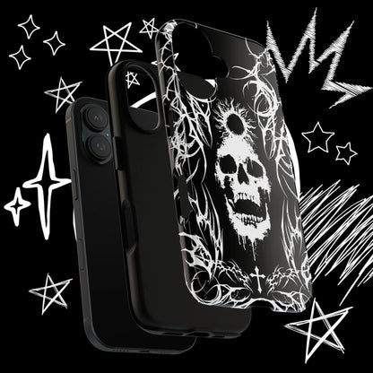 Premium gothic skull phone case mockup showing black and white alternative artwork from an angled perspective.