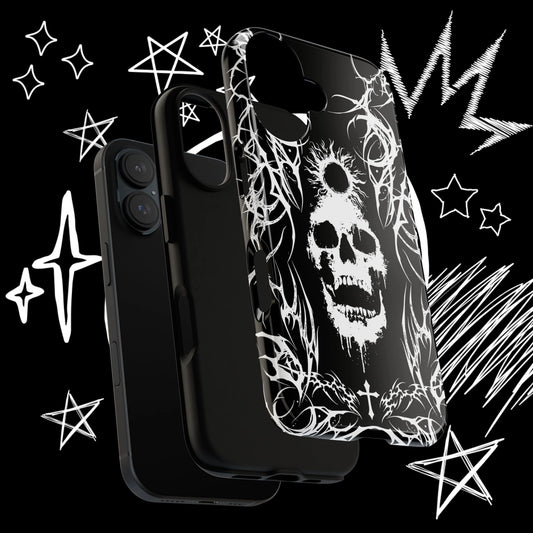 Premium gothic skull phone case mockup showing black and white alternative artwork from an angled perspective.