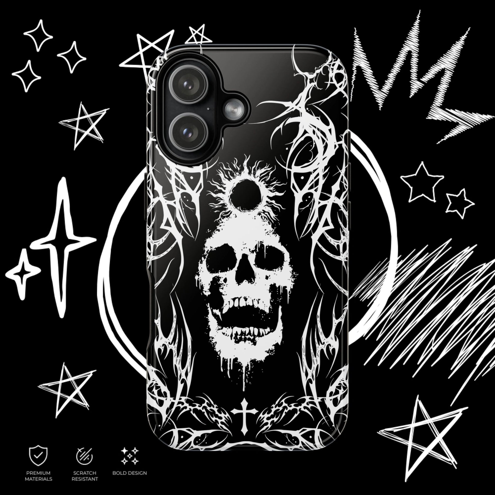 Alternative gothic skull phone case for iPhone with black background and white tribal pattern.