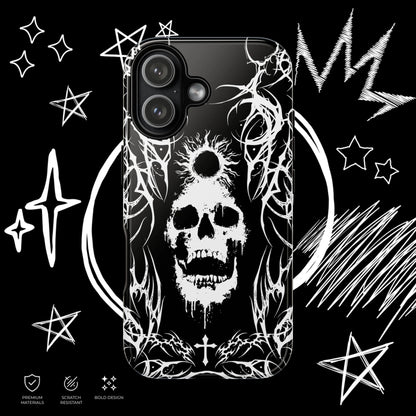 Alternative gothic skull phone case for iPhone with black background and white tribal pattern.
