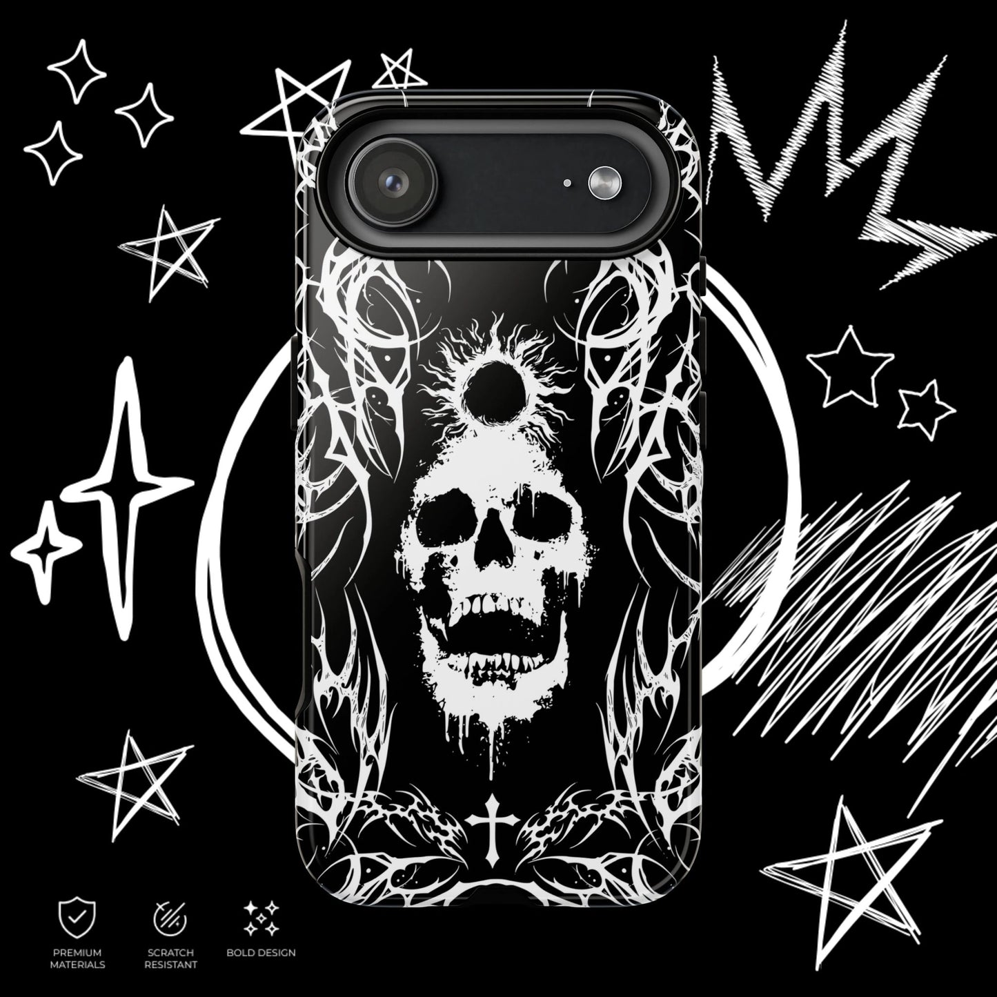 Slim black gothic phone case with skull artwork and tribal inspired white graphics.