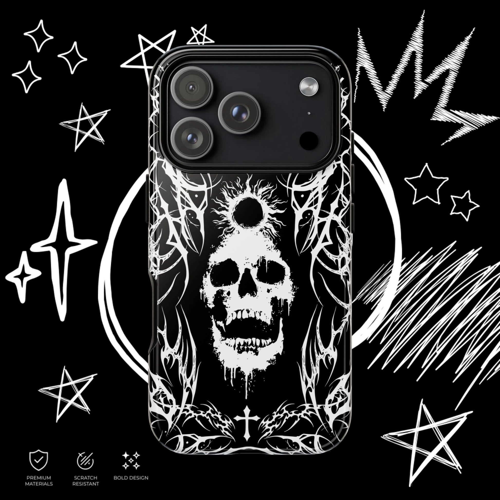 Gothic skull Google Pixel phone case with alternative black and white grunge design.