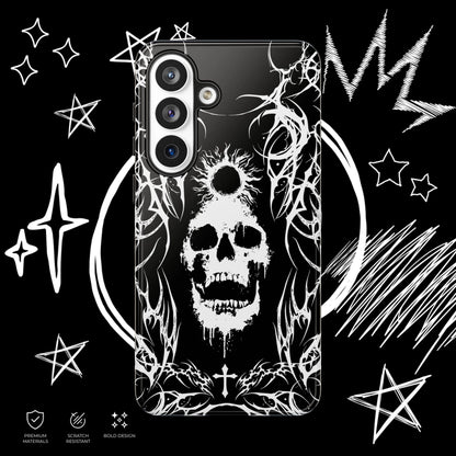 Gothic skull Samsung phone case with black background and white tribal tattoo inspired design.