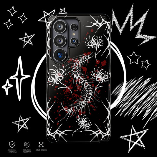 Gothic centipede phone case with Japanese spider lilies, black aesthetic alternative grunge design, protective smartphone cover