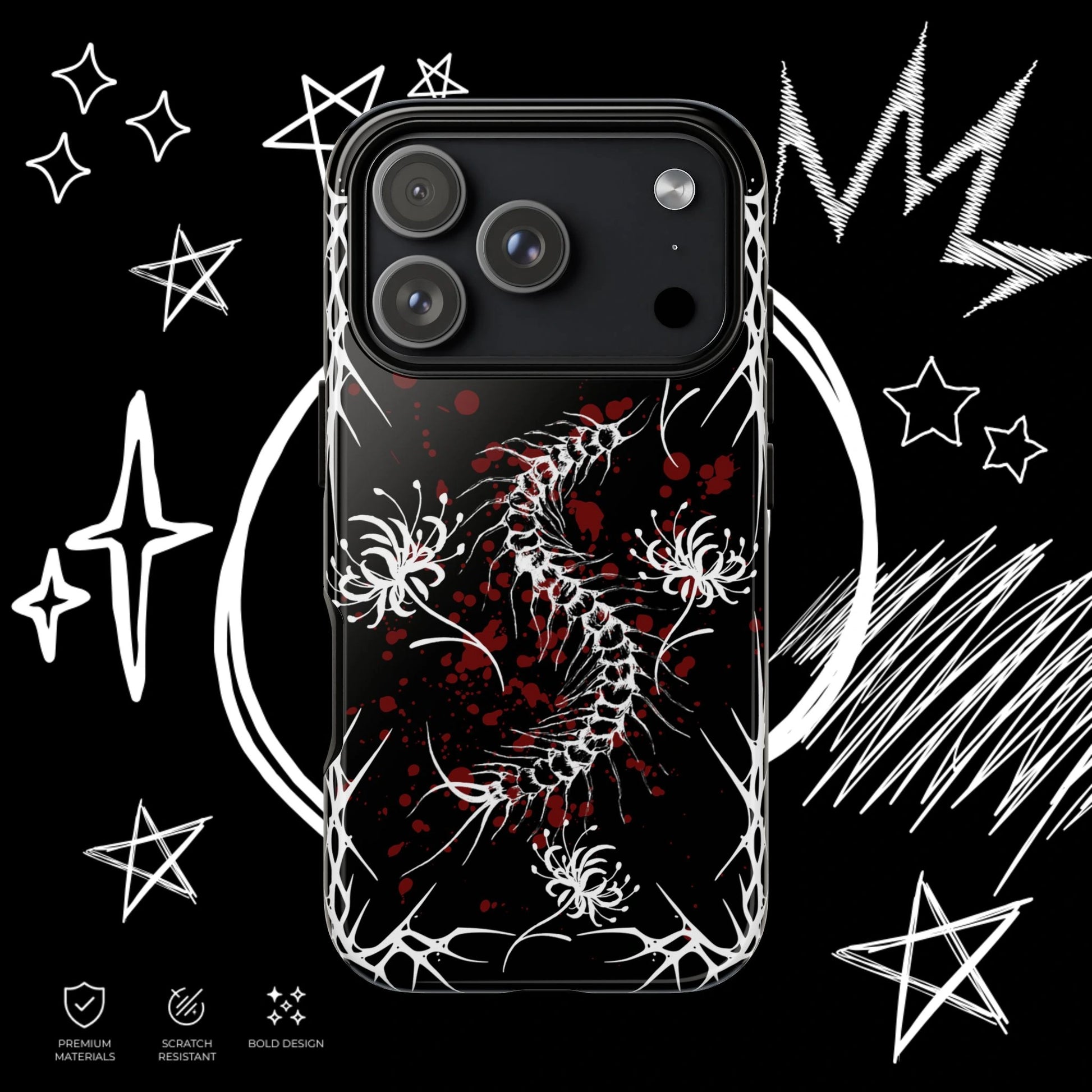 Alternative gothic phone case with centipede skeleton artwork, Japanese floral design and dark punk aesthetic