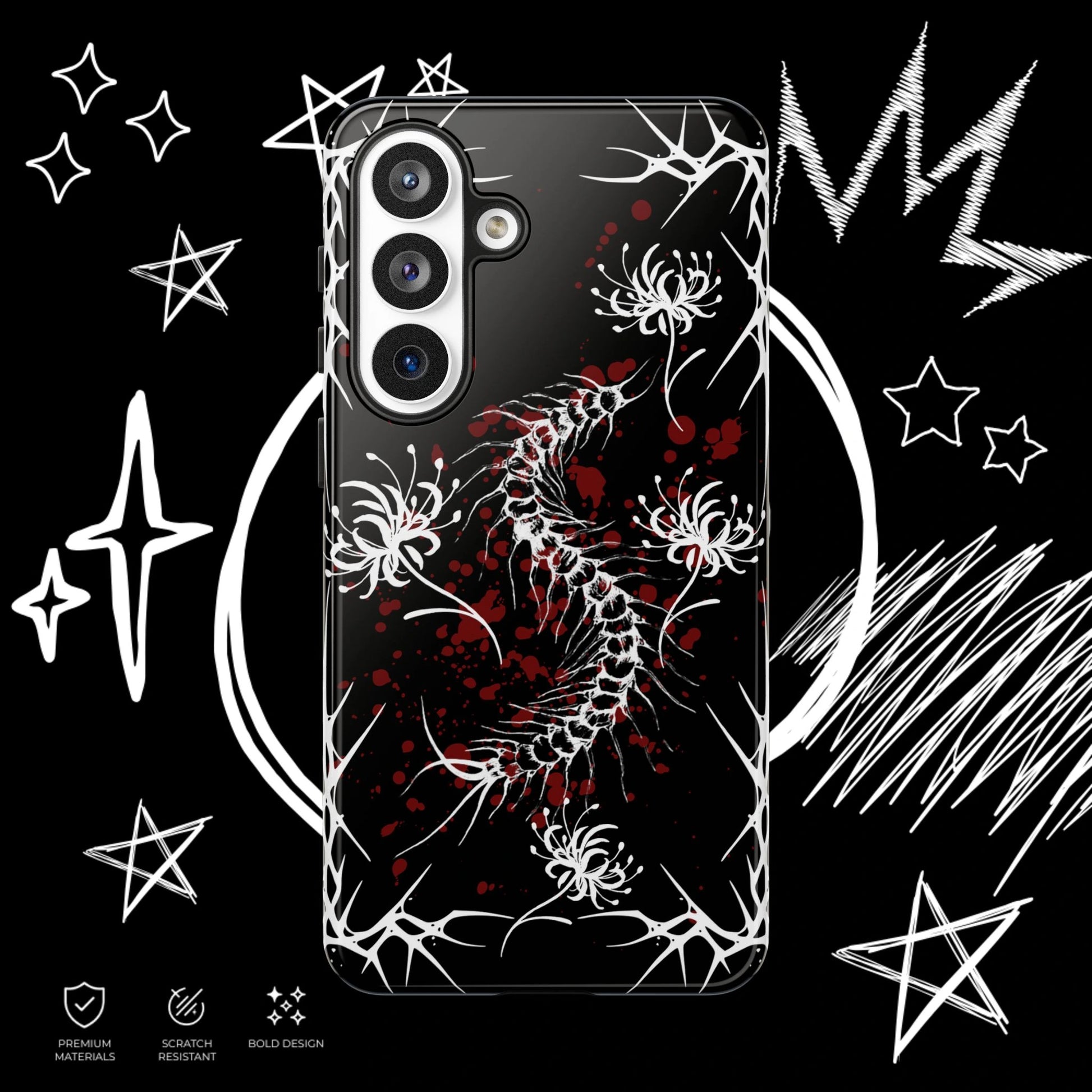 Gothic centipede phone case for alternative style lovers, dark emo aesthetic with Japanese floral artwork
