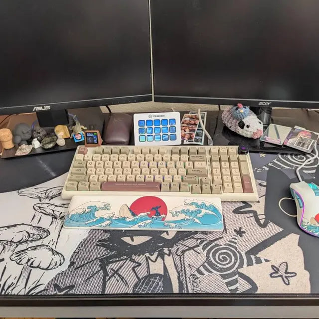 Real customer desk setup featuring a black and white grunge cat gaming mousepad with alternative aesthetic artwork, oversized desk mat for keyboard and mouse.