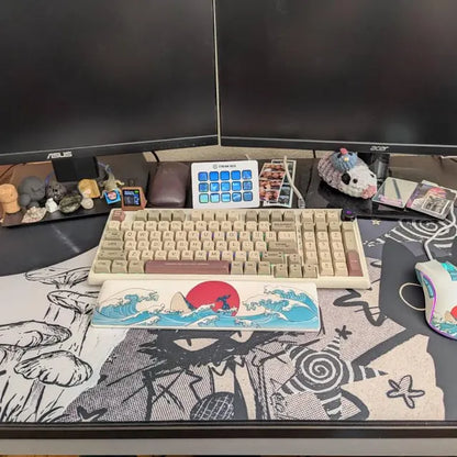 Real customer desk setup featuring a black and white grunge cat gaming mousepad with alternative aesthetic artwork, oversized desk mat for keyboard and mouse.