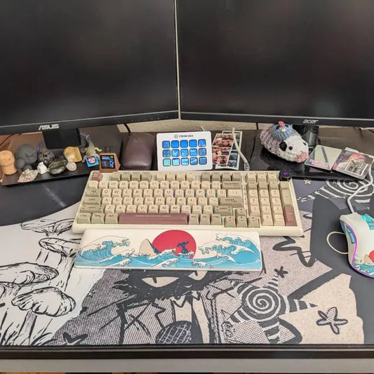 Real customer desk setup featuring a black and white grunge cat gaming mousepad with alternative aesthetic artwork, oversized desk mat for keyboard and mouse.