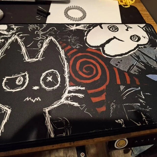 Black and red grunge cat gaming mousepad with sketch-style cat illustration, alternative aesthetic desk mat, gothic kawaii desk accessory.