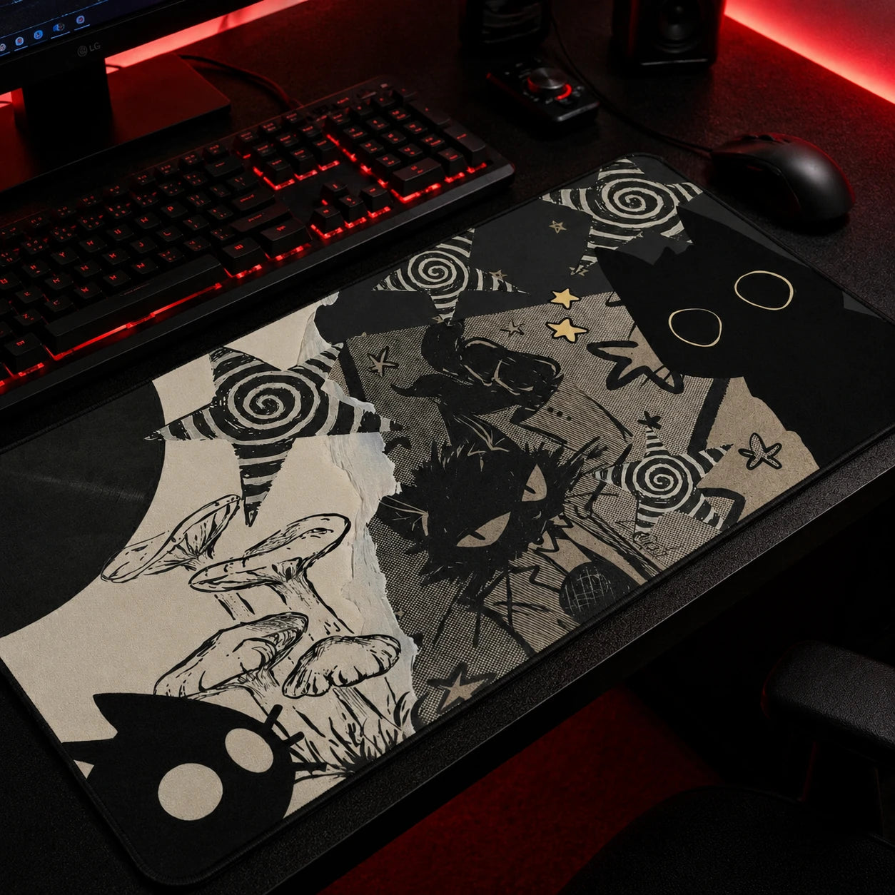 Black cat collage mousepad with vinyl records, mushrooms and stars — grunge alt aesthetic desk mat for goth gamers