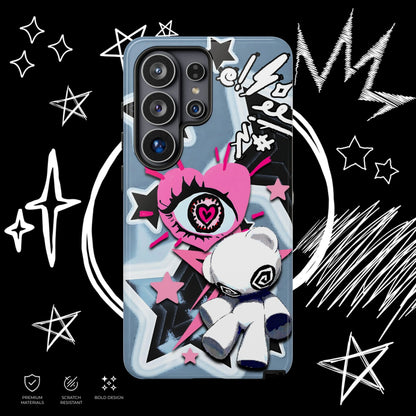 Pink grunge phone case with creepy eye heart, plush doll, black stars and emo aesthetic design