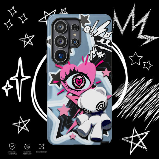 Pink grunge phone case with creepy eye heart, plush doll, black stars and emo aesthetic design