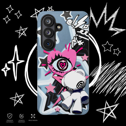 Y2K emo phone case with pink eye heart graphic, black stars and soft grunge aesthetic illustration