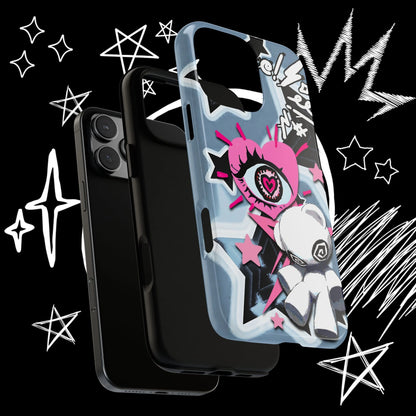 Protective phone case with pastel grunge artwork, pink heart eye and alternative aesthetic graphics