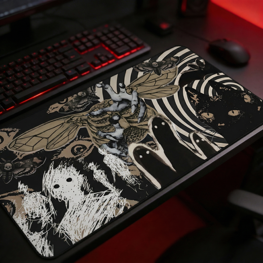 Surreal Gothic Mousepad - Horror Art Desk Mat with Ghosts, Moths & Spirals