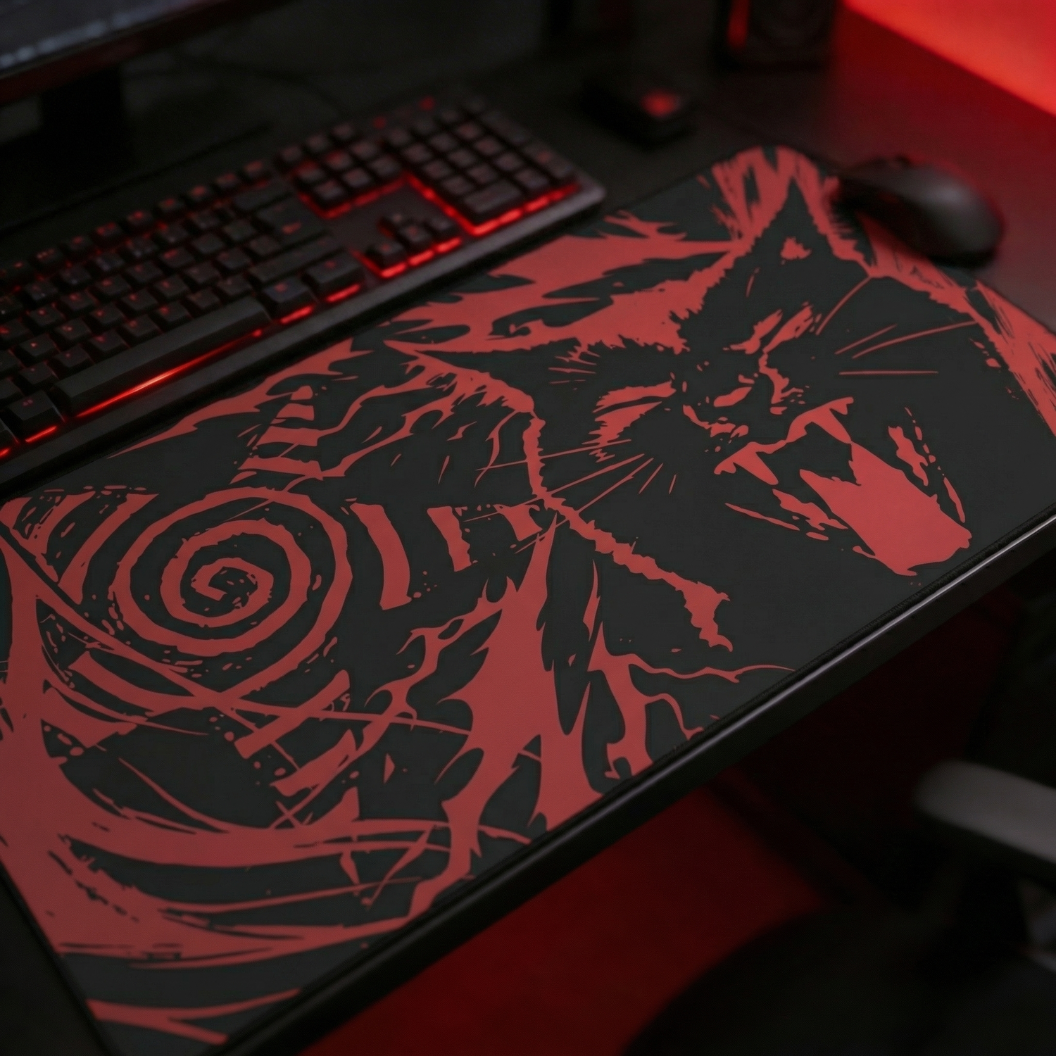 Gothic Cat XXL Mouse Pad - Red and Black Horror Aesthetic Gaming Desk Mat