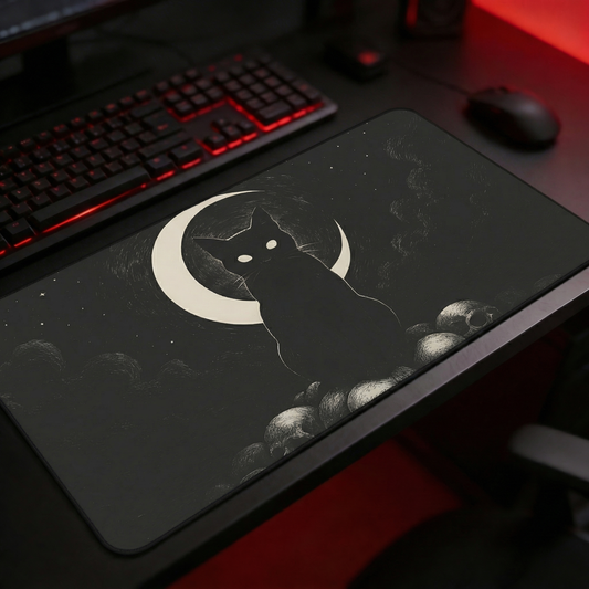 Black Cat Crescent Moon Mousepad - Gothic Desk Mat for Gaming & Office