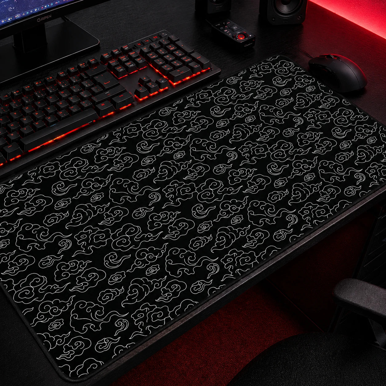 Black Japanese cloud pattern gaming mousepad featuring elegant white cloud line art inspired by traditional Japanese motifs, minimalist oversized desk mat with stitched edges for gaming and aesthetic desk setups.