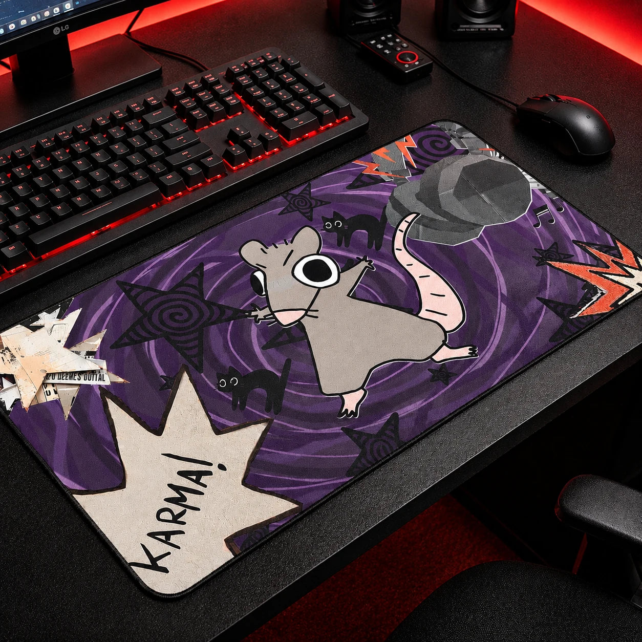 Pastel goth desk mat with karma rat and black cat design – XL gaming mousepad for alt aesthetic setups