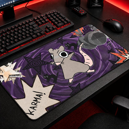 Pastel goth desk mat with karma rat and black cat design – XL gaming mousepad for alt aesthetic setups