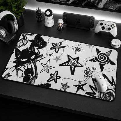 Kawaii Black Cat Desk Mat with Star Pattern Mouse Pad in Modern Gaming Setup