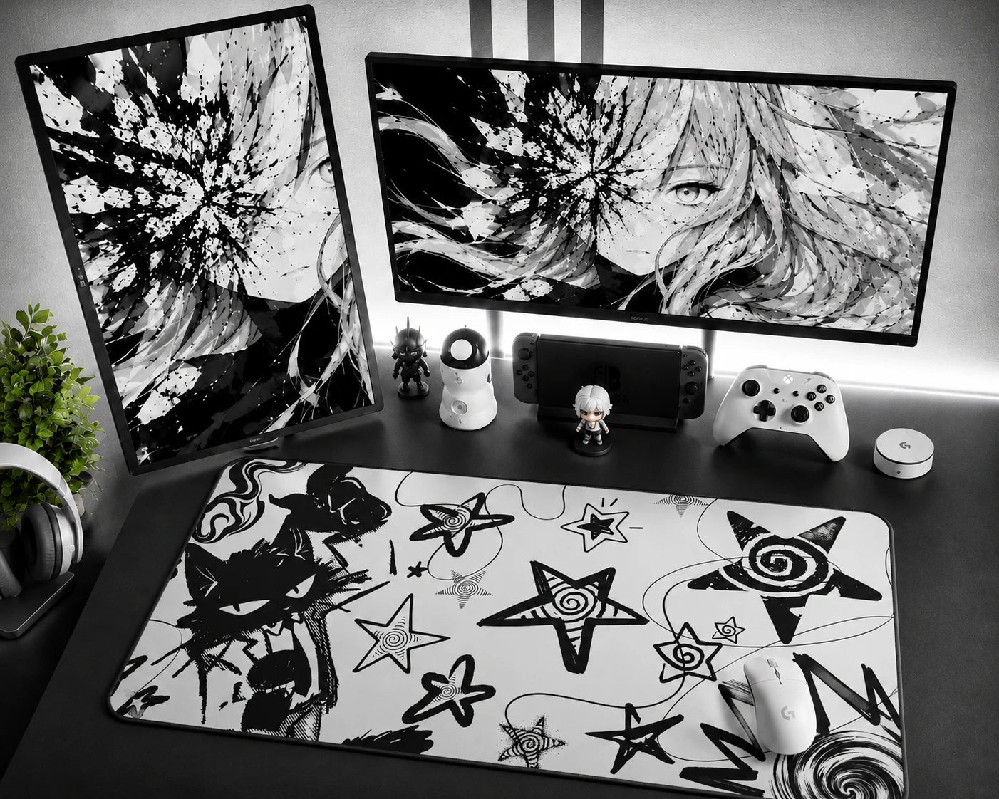 Cute Black Cat Mouse Pad with Spiral Stars in Aesthetic Gaming Desk Setup