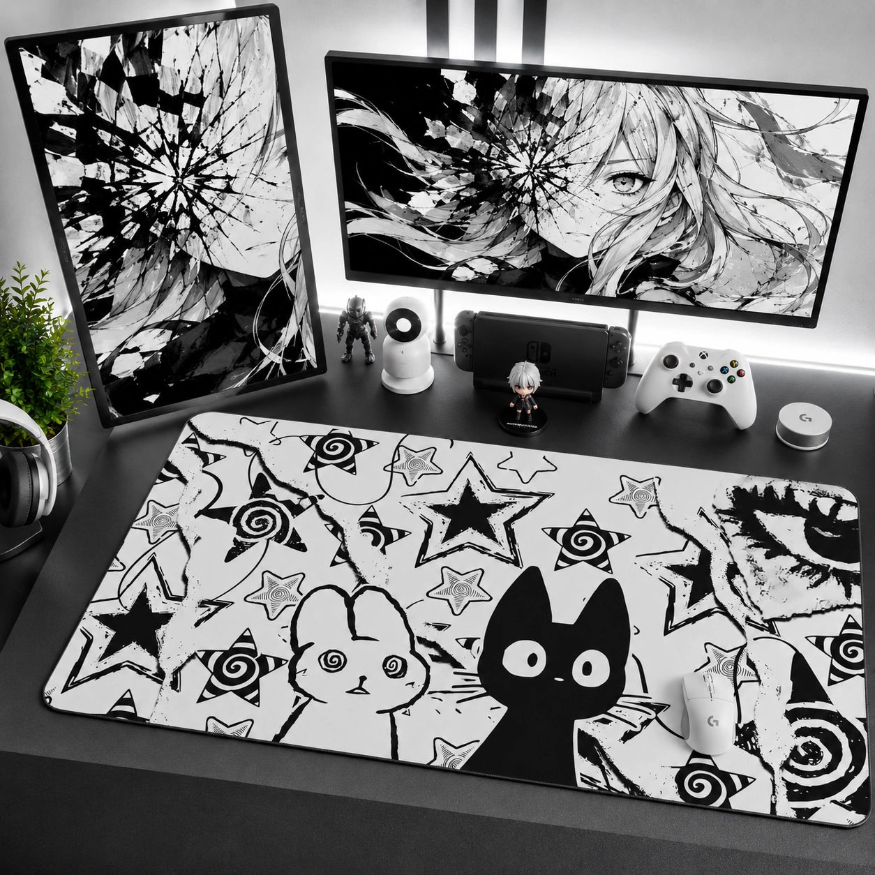 Cute Black Cat and Bunny Mouse Pad with Black and White Star Design