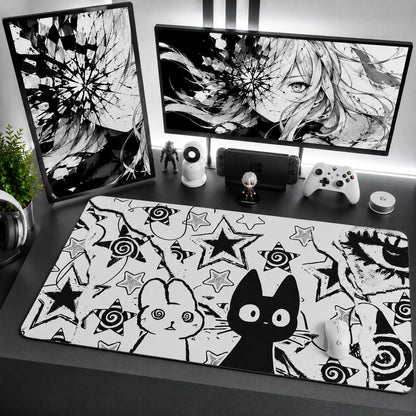 Cute Black Cat and Bunny Mouse Pad with Black and White Star Design