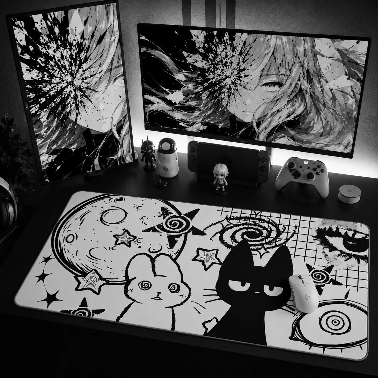 Dark kawaii mouse pad monochrome – oversized alt desk mat for goth gaming setup
