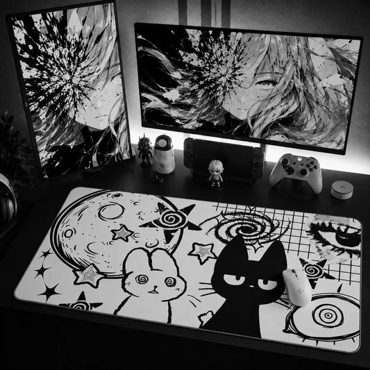 Dark kawaii mouse pad monochrome – oversized alt desk mat for goth gaming setup