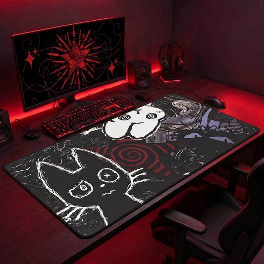 Dark Punk Anime Mousepad XL - Creepy Cat Gaming Desk Mat
