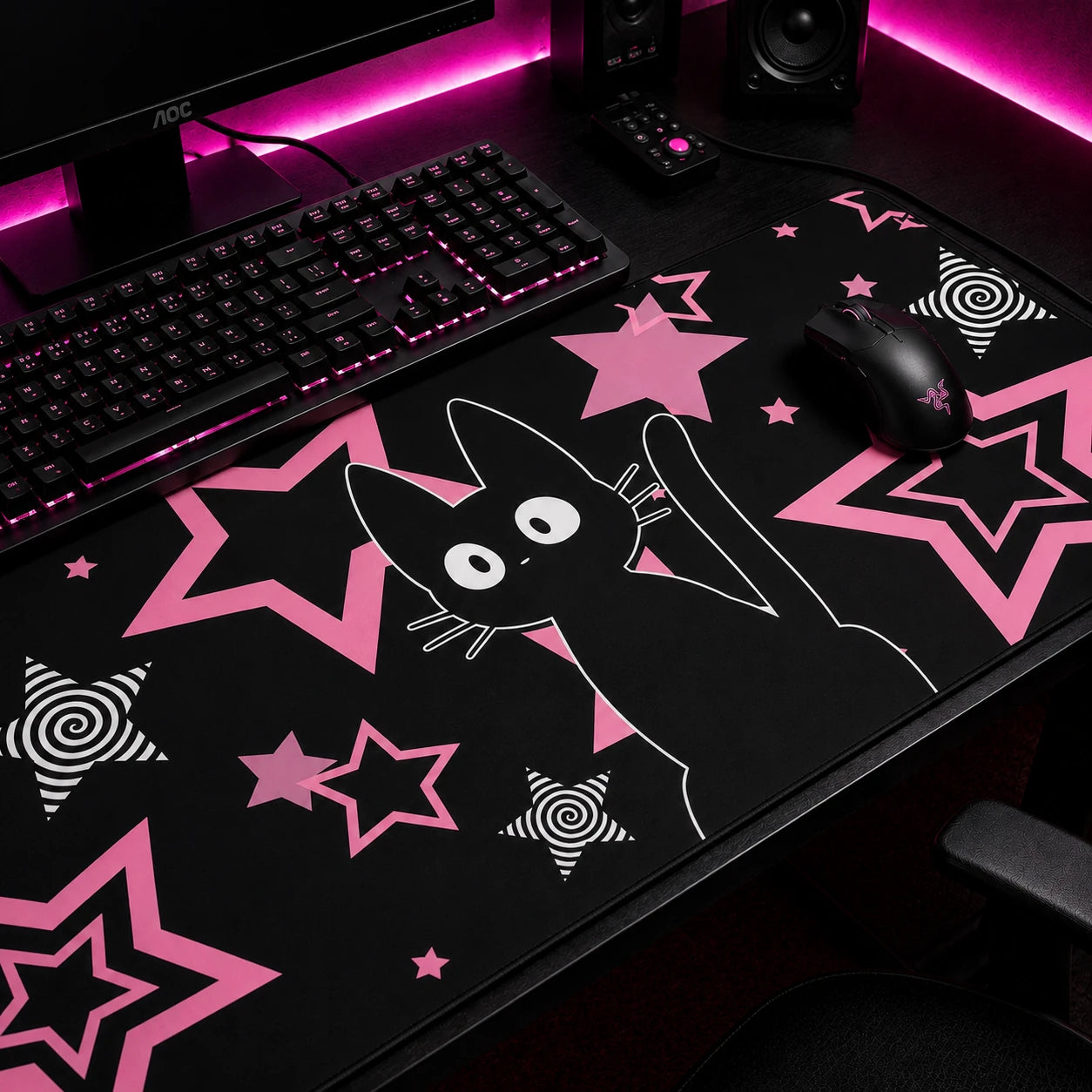 Kawaii black cat mousepad with pink stars and retro spiral design - cute gaming desk mat