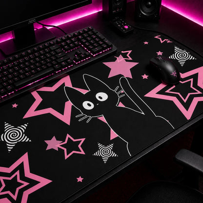 Kawaii black cat mousepad with pink stars and retro spiral design - cute gaming desk mat