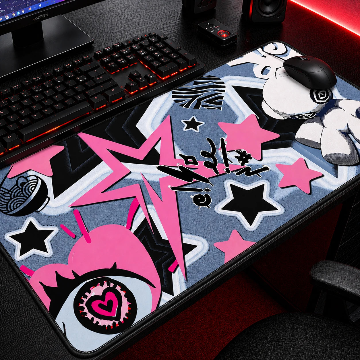 Kawaii punk mousepad with pink stars and graffiti design on a desk setup - NekoStyleStudio