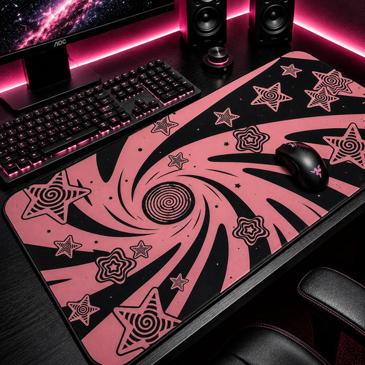 Pink and black galaxy-inspired gaming mousepad featuring hypnotic spiral patterns, kawaii stars, and cosmic swirls. Extended desk mat with pastel goth, y2k, and aesthetic room decor style, perfect for gaming setups, workstations, and cute desk accessories.