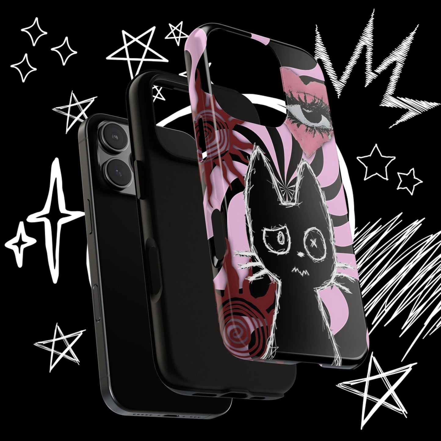 Gothic Pink Cat Phone Case with Hypnotic Swirl Background and Alternative Art Style