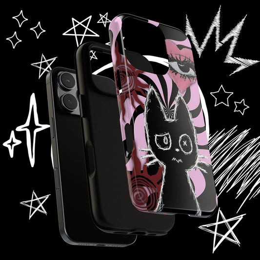 Gothic Pink Cat Phone Case with Hypnotic Swirl Background and Alternative Art Style