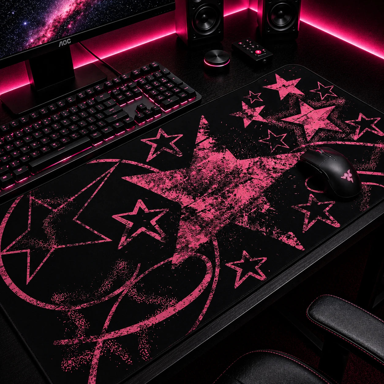 Pink and black grunge gaming mousepad featuring distressed star graphics, abstract splatter effects, and alternative aesthetic artwork. Extended desk mat with pastel goth, y2k, emo, and indie style, perfect for gaming setups, workspaces, and trendy desk decor.