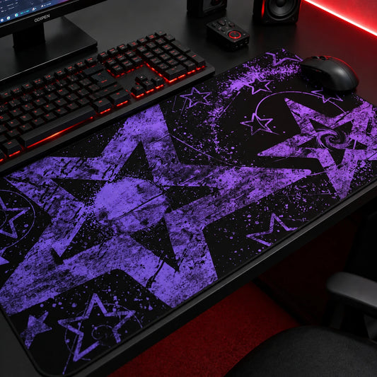 Purple grunge star gaming mousepad with distressed alternative artwork, pastel goth aesthetic, and abstract Y2K-inspired design. Extended desk mat featuring bold purple stars on a black background, perfect for gaming setups, aesthetic desks, and alternative room decor.