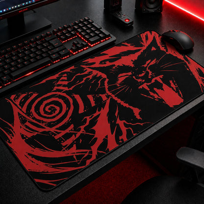 Red and black gothic gaming mousepad featuring a bold black cat illustration with grunge brushstroke effects and hypnotic spiral design. Extended desk mat with alternative aesthetic, dark academia vibes, embroidered edges, and smooth surface for gaming, work, and gothic room decor.