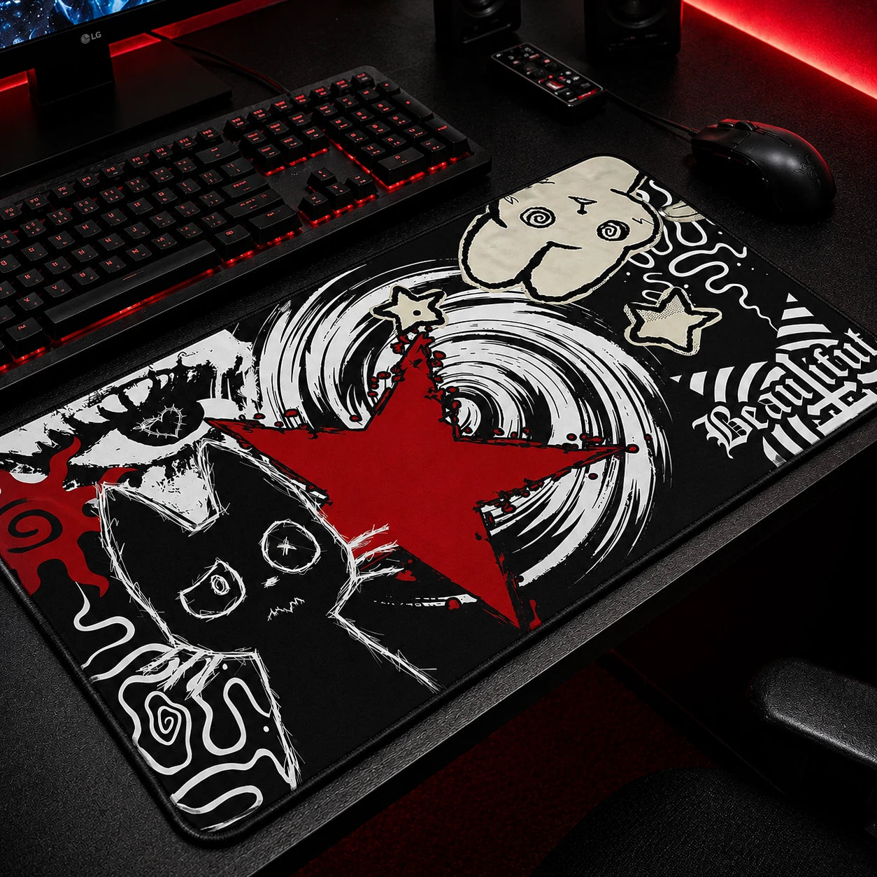 Dark punk cat mousepad with grunge red star design on desk - NekoStyleStudio
