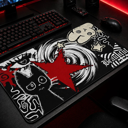 Dark punk cat mousepad with grunge red star design on desk - NekoStyleStudio